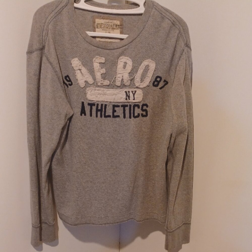 Aeropostake Logo 1987 NY Athletics Grey Thermal Crew Neck Long Sleeve Top L